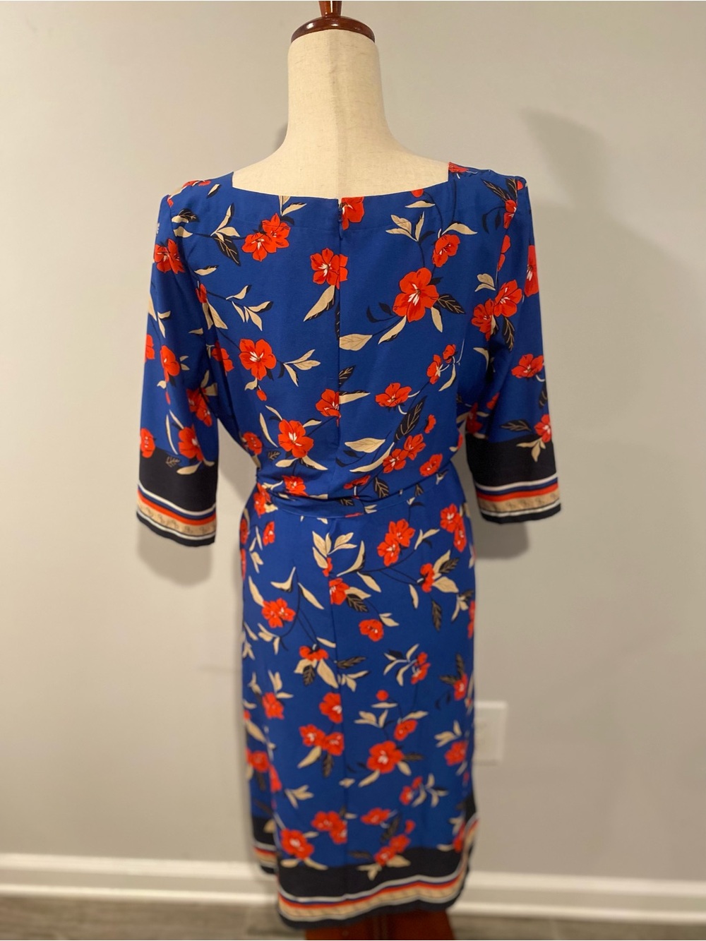 Petite Ann Taylor Blue Midi Dress with Red Floral Print - Picture 2 of 5